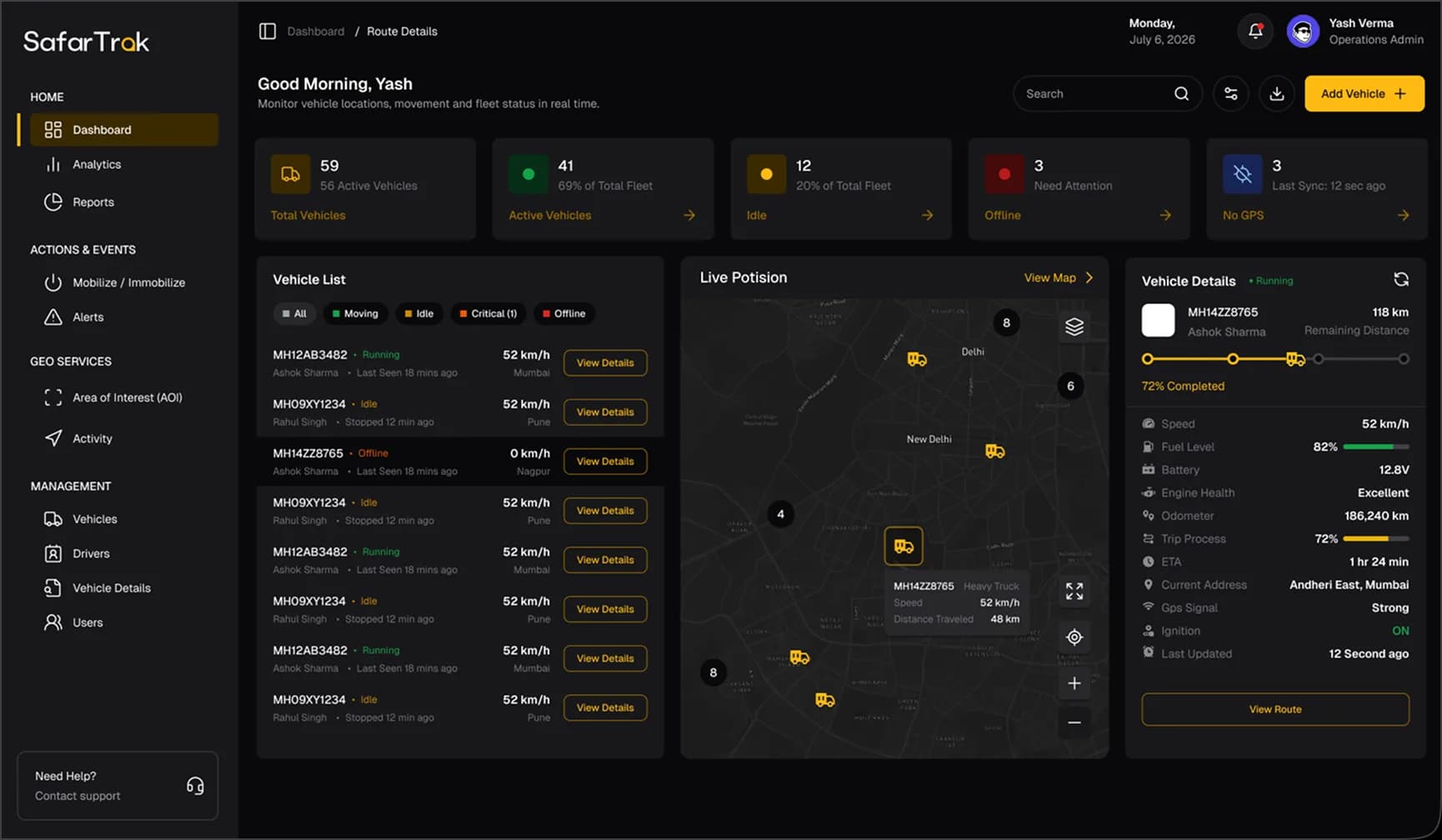 SafarTrak dashboard interface preview showing a fleet overview, status summary, vehicle list and map