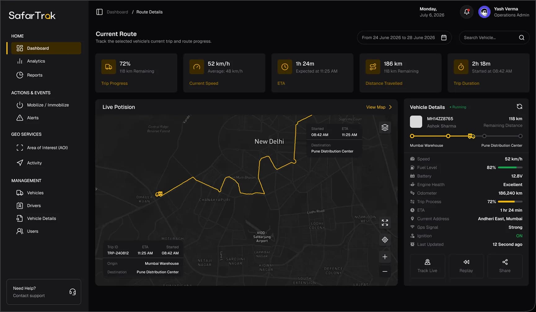 SafarTrak tracking interface preview showing a vehicle route, journey information and vehicle context