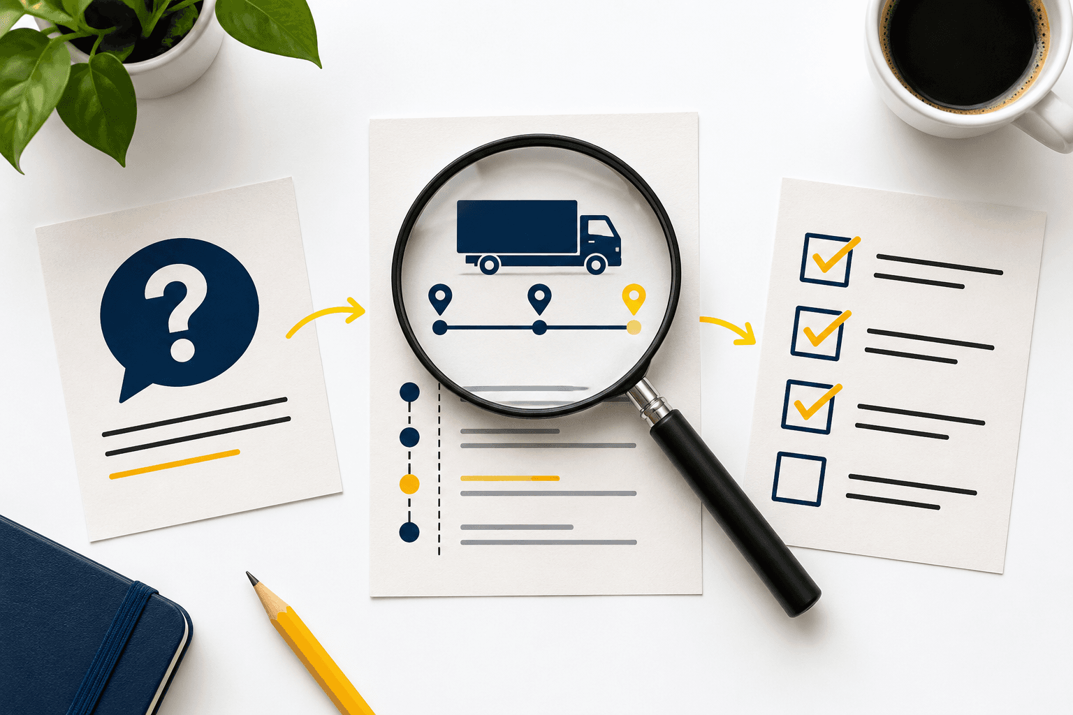 Conceptual desk illustration showing an answer card, original journey records and a separate reviewer checklist
