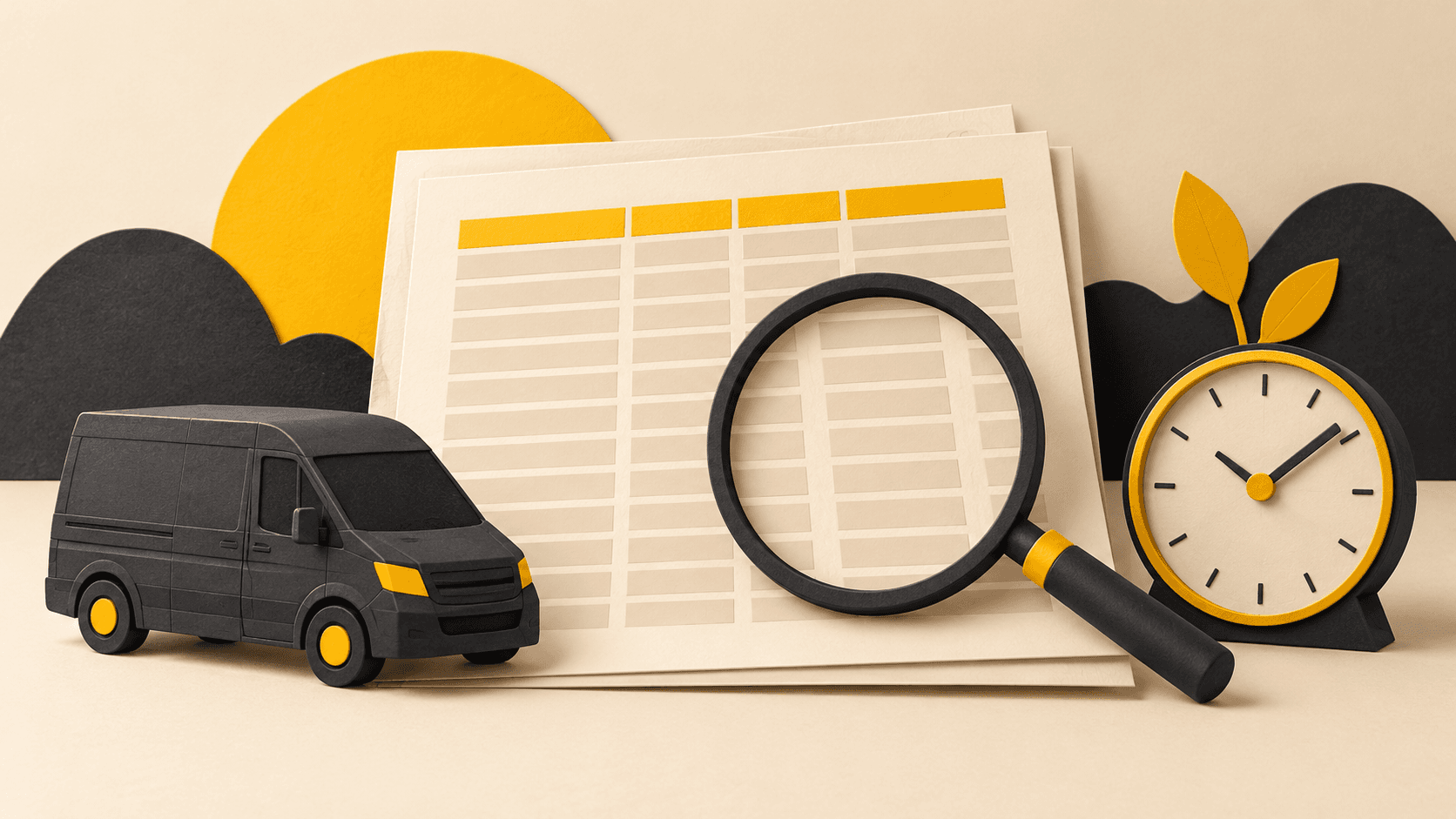 Conceptual illustration of a blank paper report, magnifying glass, clock and unbranded delivery van