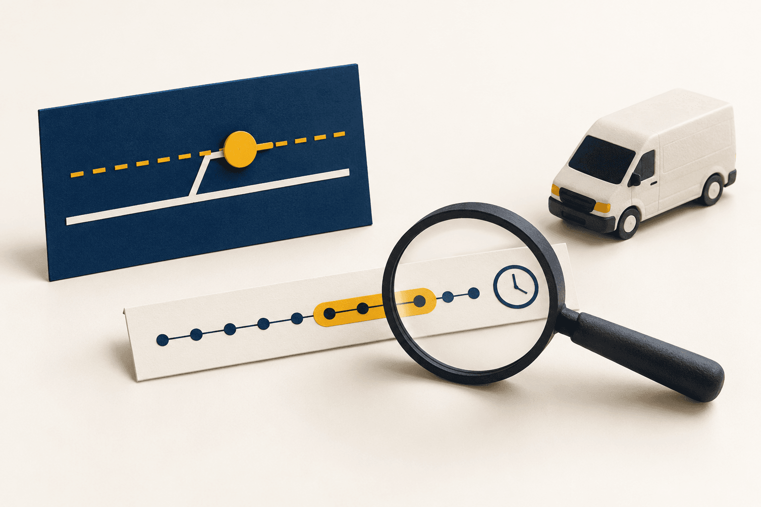 Conceptual paper threshold card and separate journey timeline beside a magnifying glass and unbranded delivery van