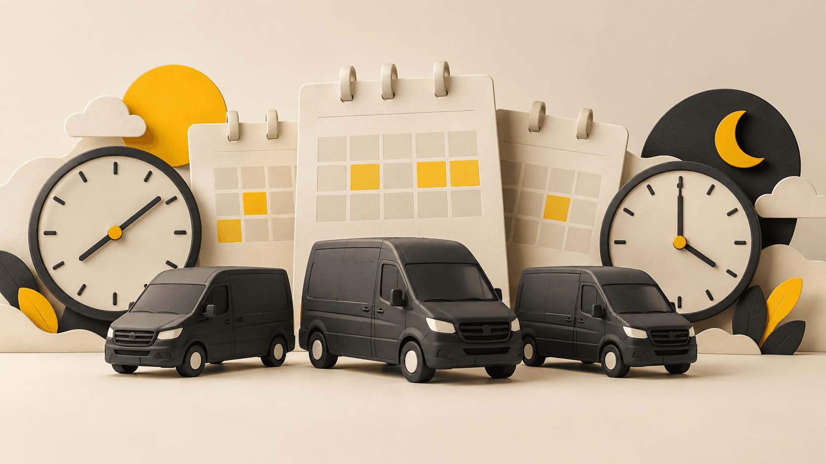 Conceptual illustration of unbranded fleet vans beside paper shift calendars and analogue clocks