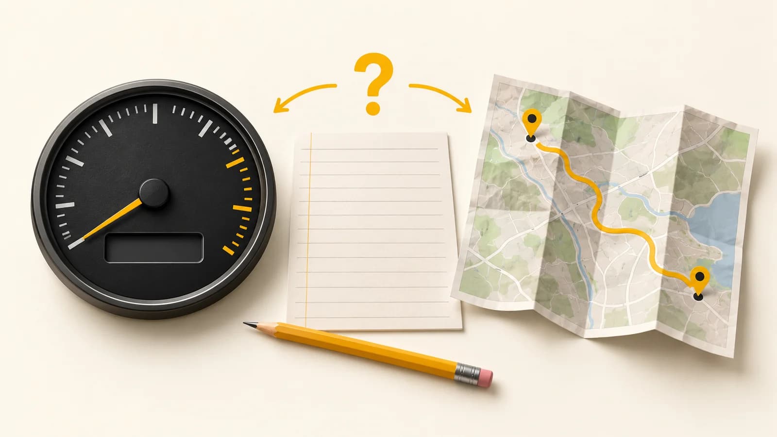 Conceptual illustration comparing an unbranded vehicle instrument dial with a paper route map and a blank reconciliation sheet