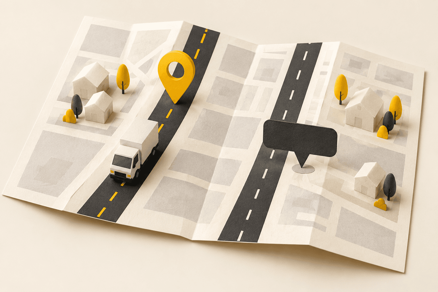 Conceptual paper map with a yellow position pin, separate blank address tag and unbranded delivery truck
