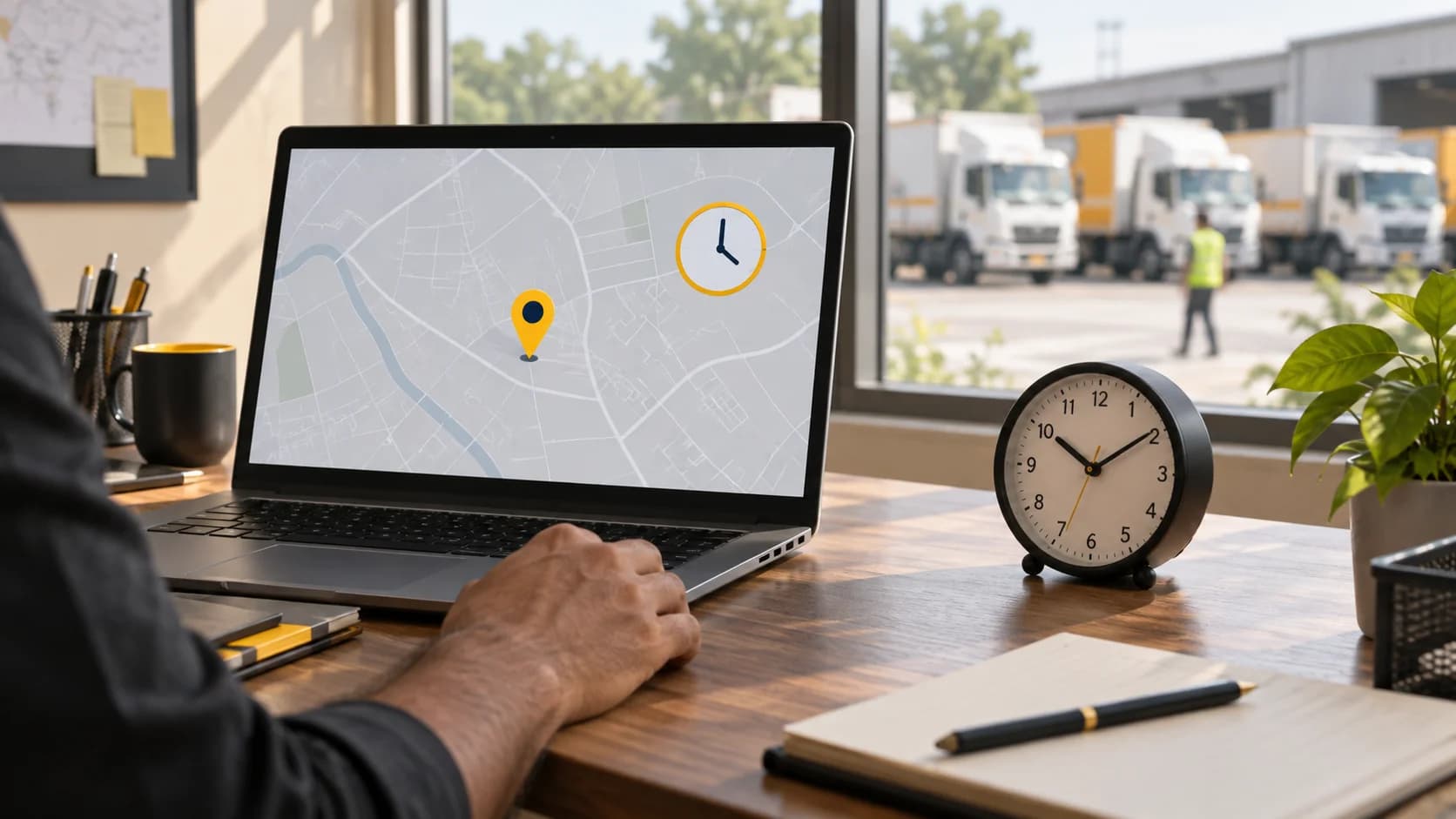 Illustrative dispatch desk with a location map, clock and delivery trucks