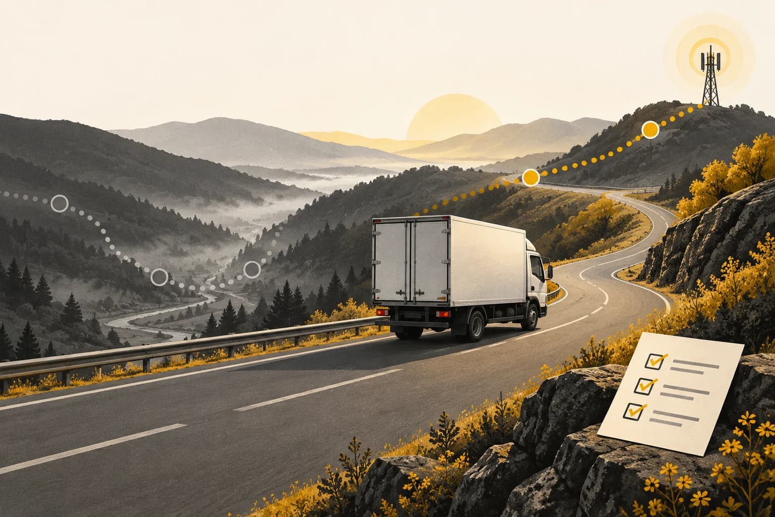 Editorial illustration of an unbranded delivery truck crossing a rural valley with a broken dotted route and a distant cellular tower