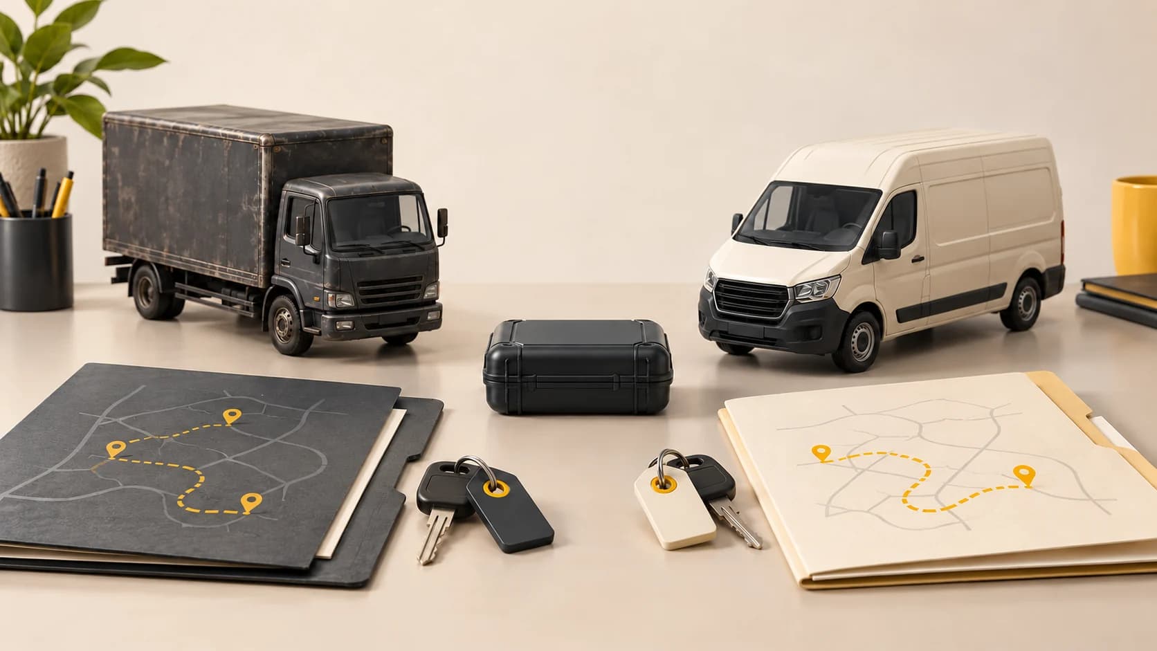 Conceptual illustration of two unbranded fleet vehicles with separate history folders and a generic closed electronics case
