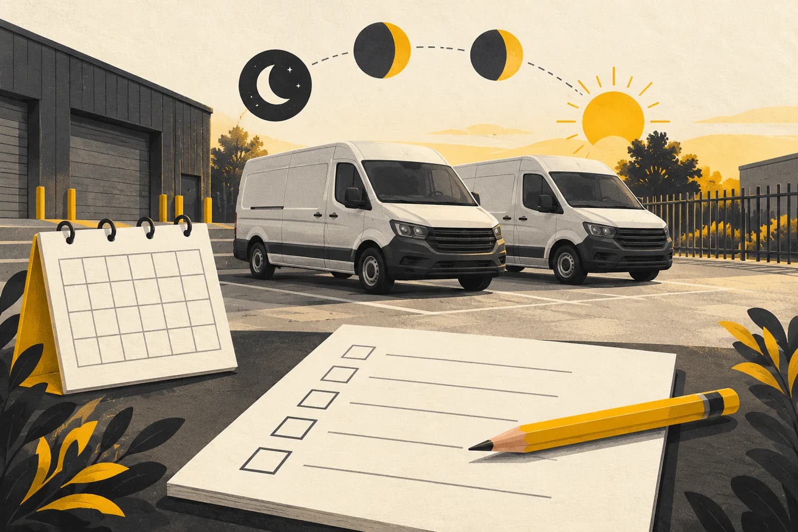 Conceptual illustration of two unbranded parked fleet vans beside a blank calendar and review sheet