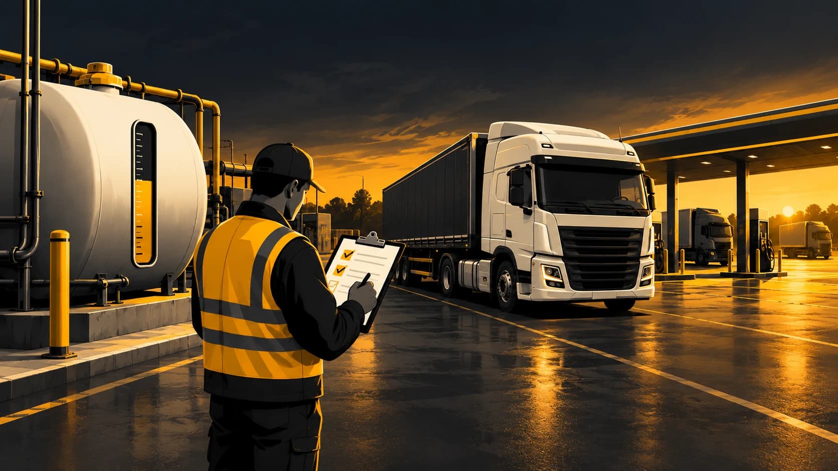 Editorial illustration of a truck, fuel gauge and review checklist