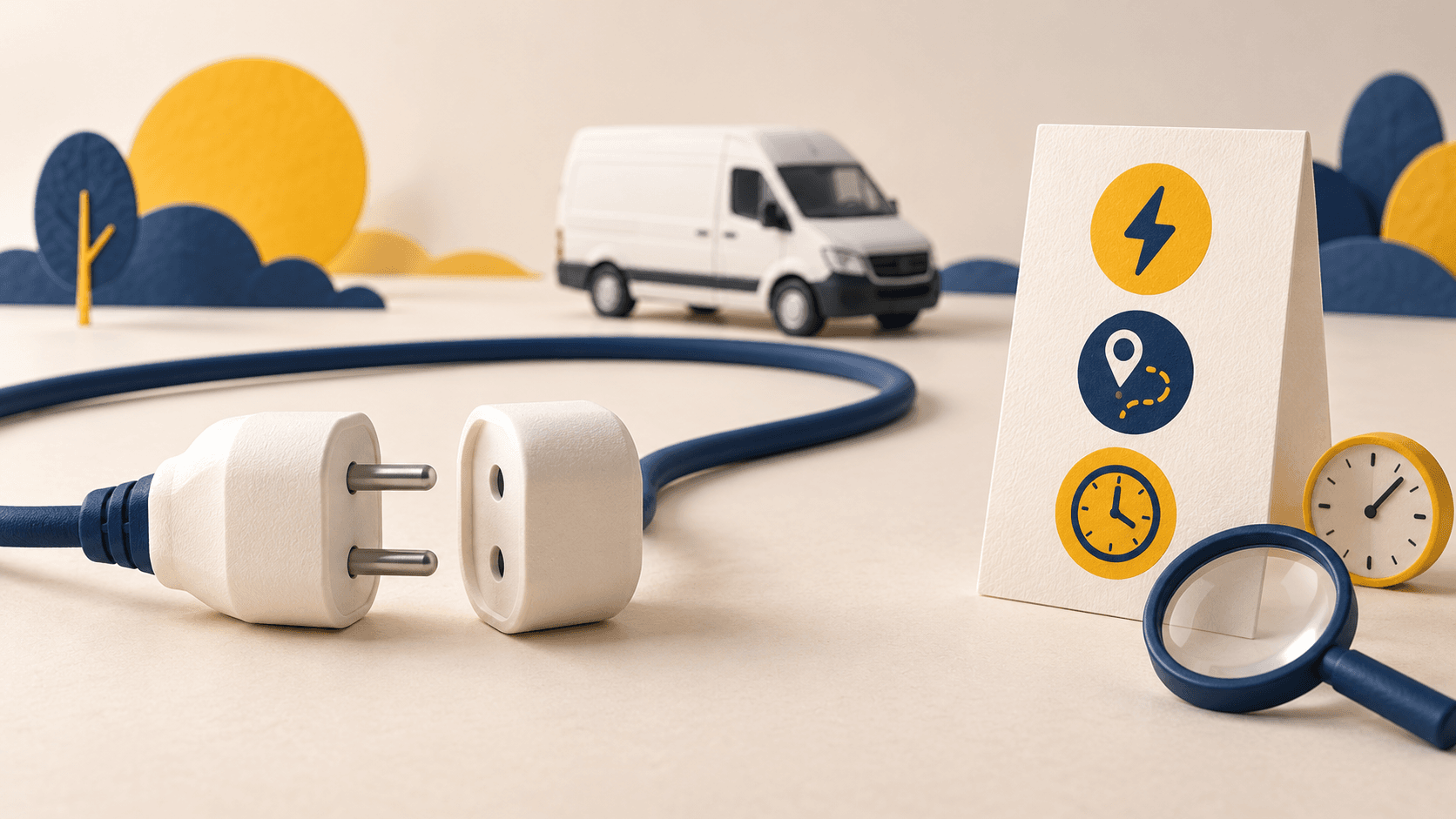 Conceptual disconnected plug beside an evidence card, magnifying glass, clock and unbranded fleet van