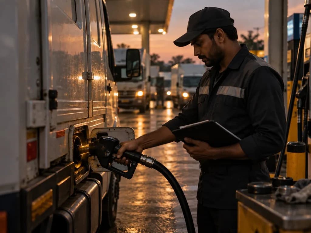 Fleet operator refueling a commercial truck while recording fuel data