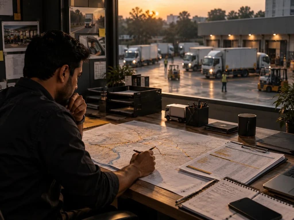 Logistics planner reviewing routes on a map with fleet yard in view