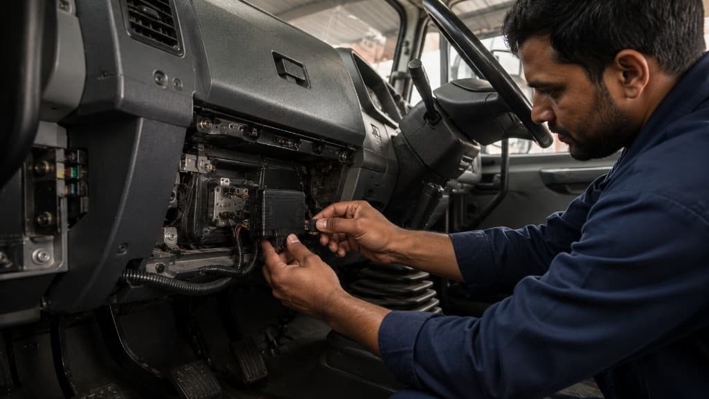 Technician installing a telematics device in a vehicle dashboard