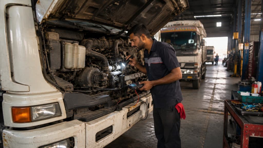 Mechanic inspecting a truck engine during preventive maintenance