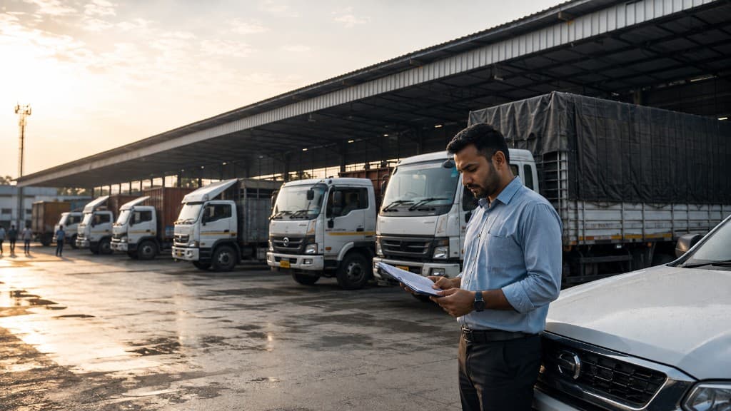 Fleet manager reviewing rollout plans at a commercial vehicle depot