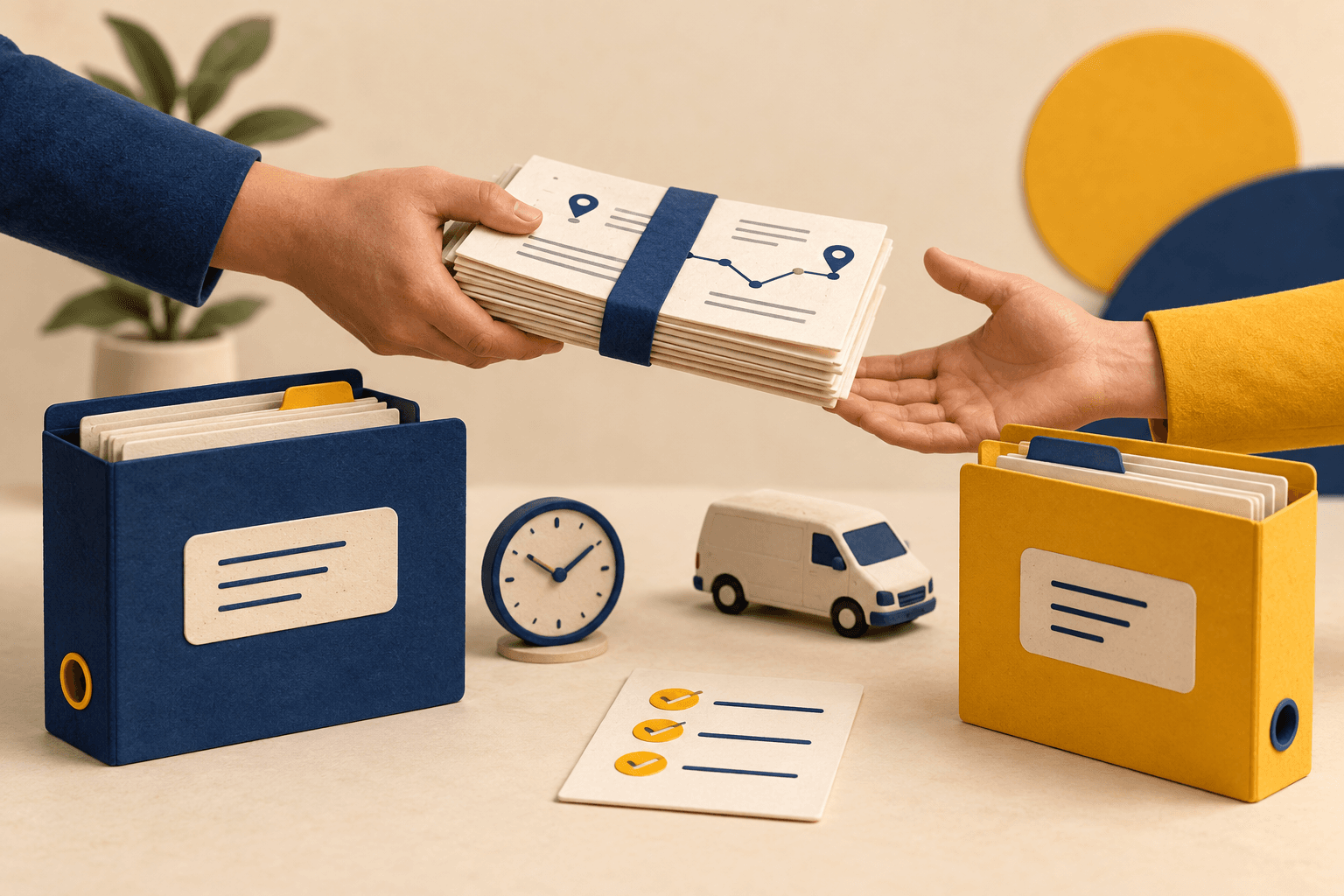 Conceptual archival folders and journey-record sheets beside a clock, checklist and unbranded delivery van