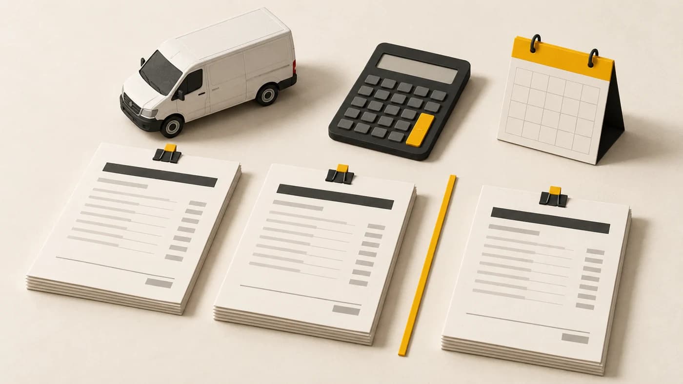 Conceptual editorial illustration of blank quote sheets, a calculator, a calendar and an unbranded model delivery van