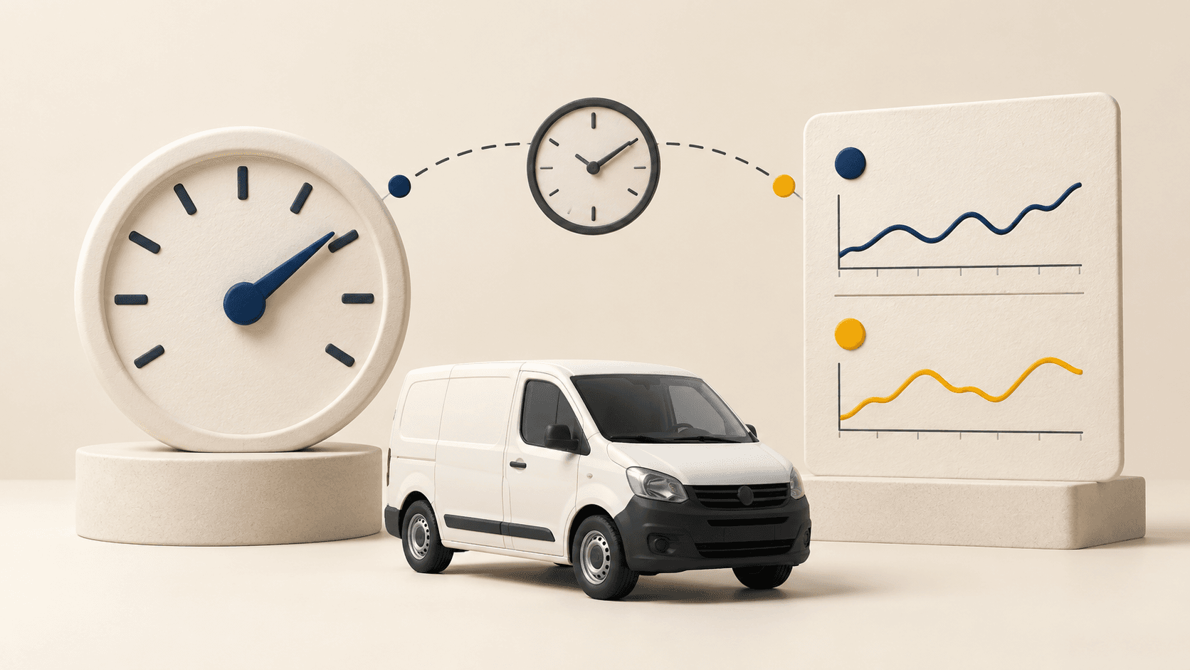 Conceptual instrument dial and separate paper speed report beside a clock and an unbranded fleet van