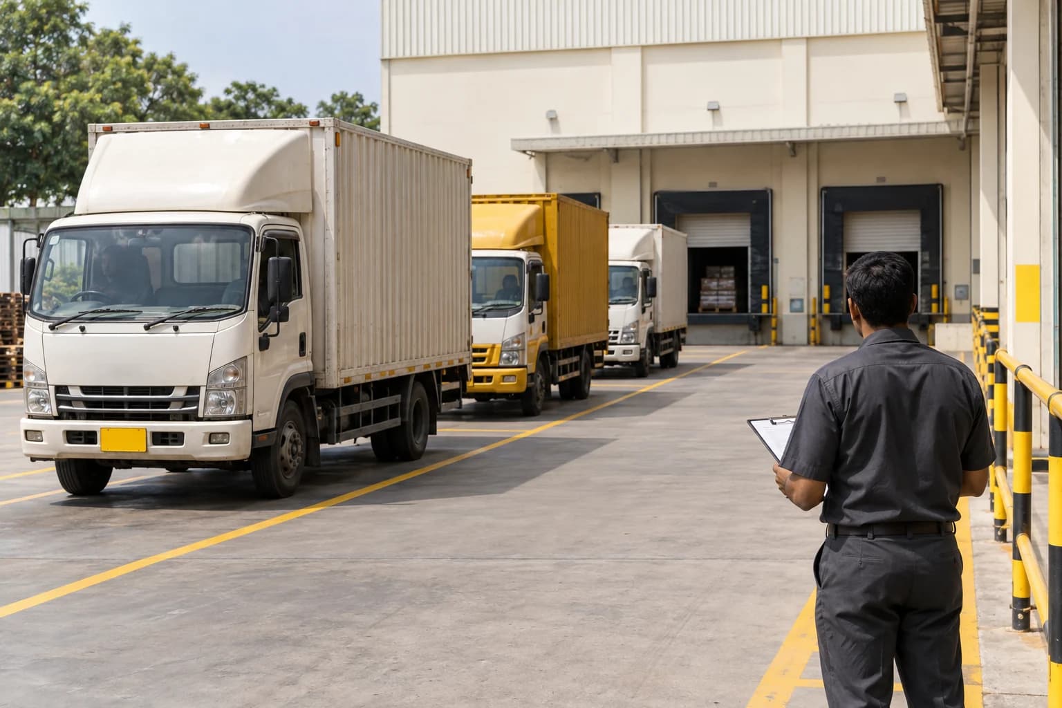 Illustrative unbranded delivery trucks queued at a depot loading area