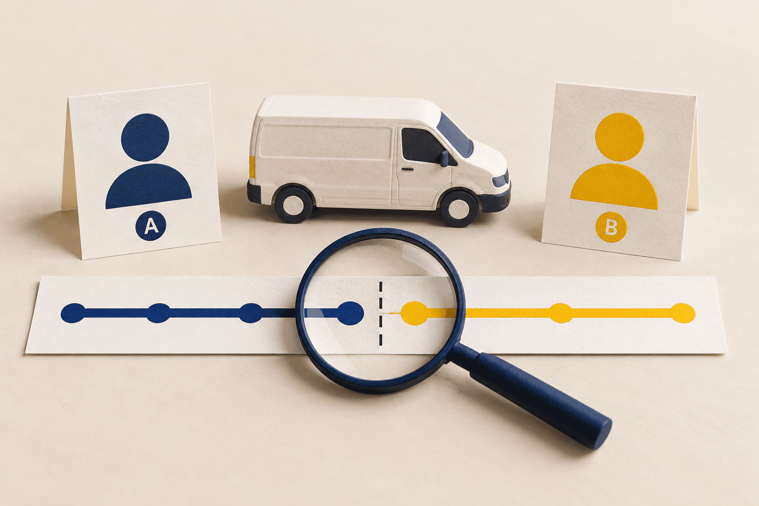Conceptual driver A and B paper cards beside a shared delivery van and a journey timeline with a changeover gap