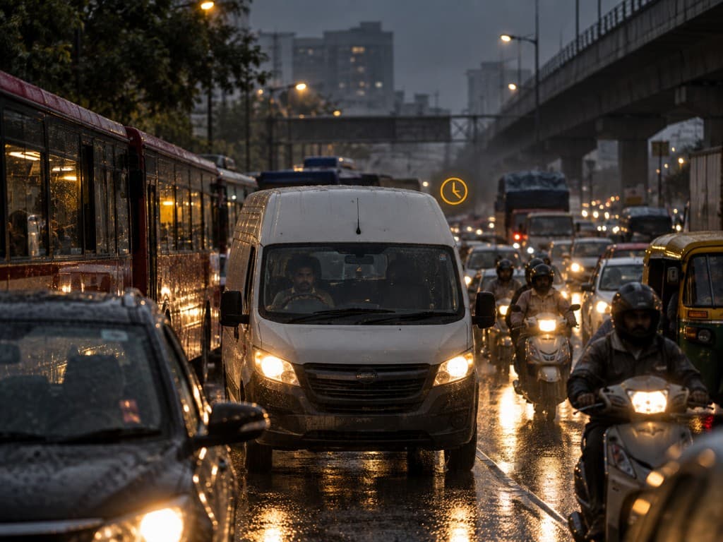 Busy city traffic during evening deliveries with live ETA challenges