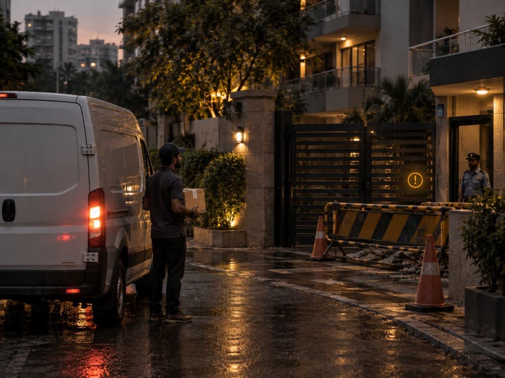 Delivery courier at a residential gate holding a package