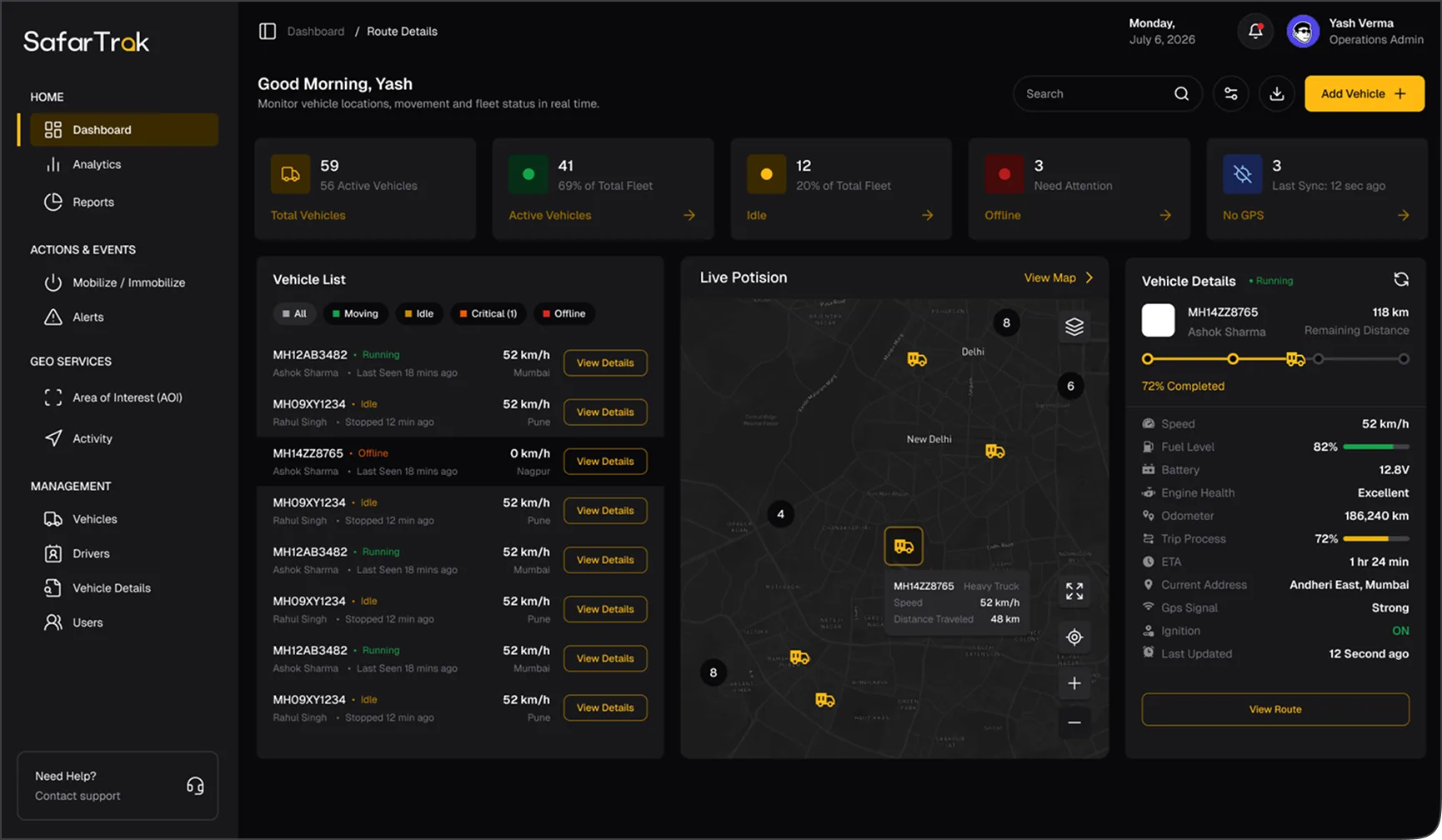 SafarTrak dashboard preview with vehicle locations, fleet activity and a vehicle list, shown using sample data