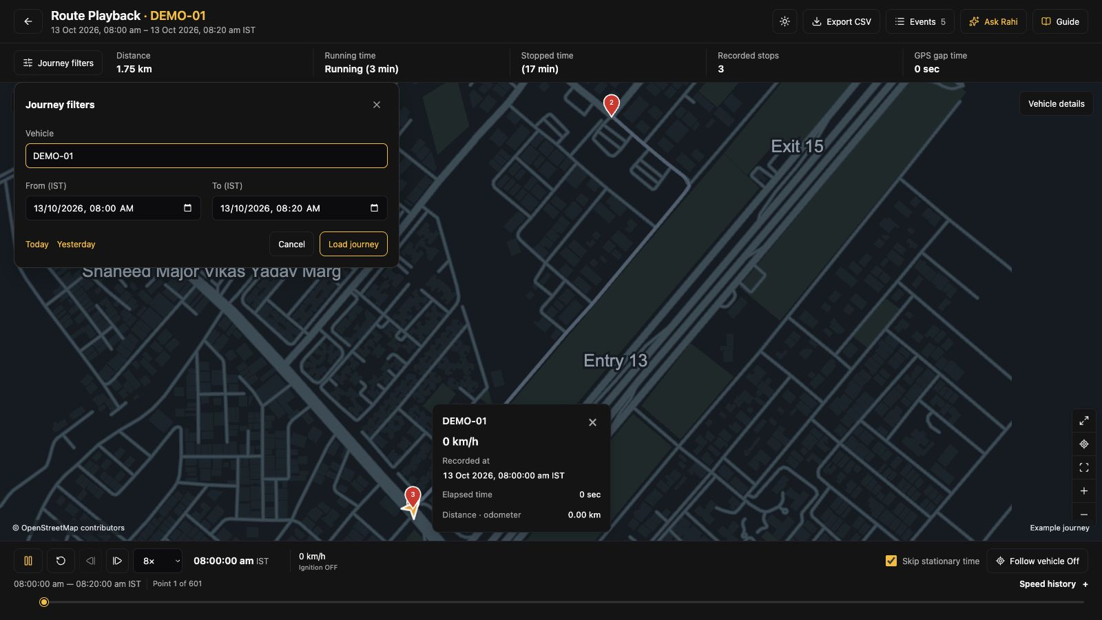 Journey filters with a demo vehicle and selected start and end times