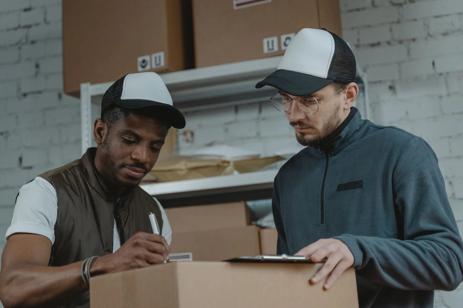 Two logistics workers reviewing delivery paperwork together