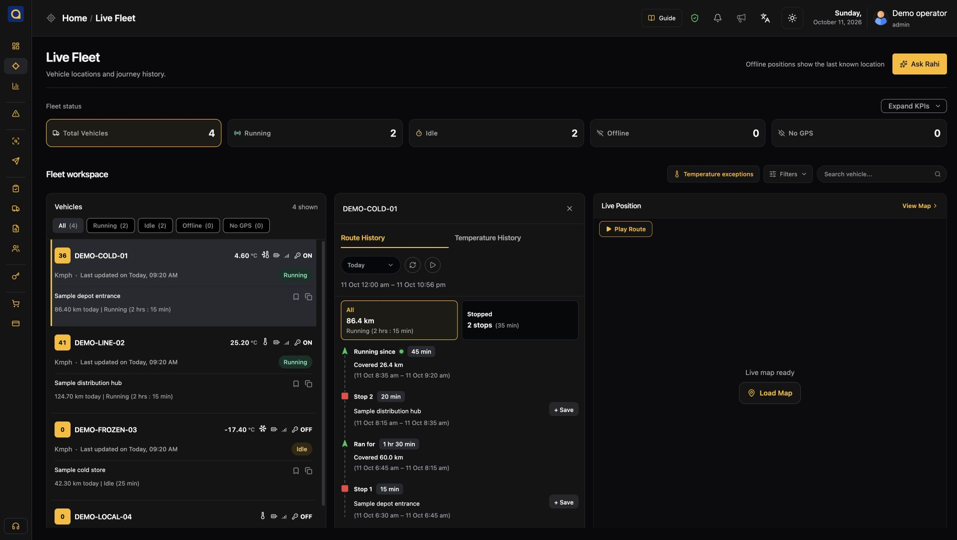 SafarTrak vehicle list beside running and stopped periods for the selected vehicle