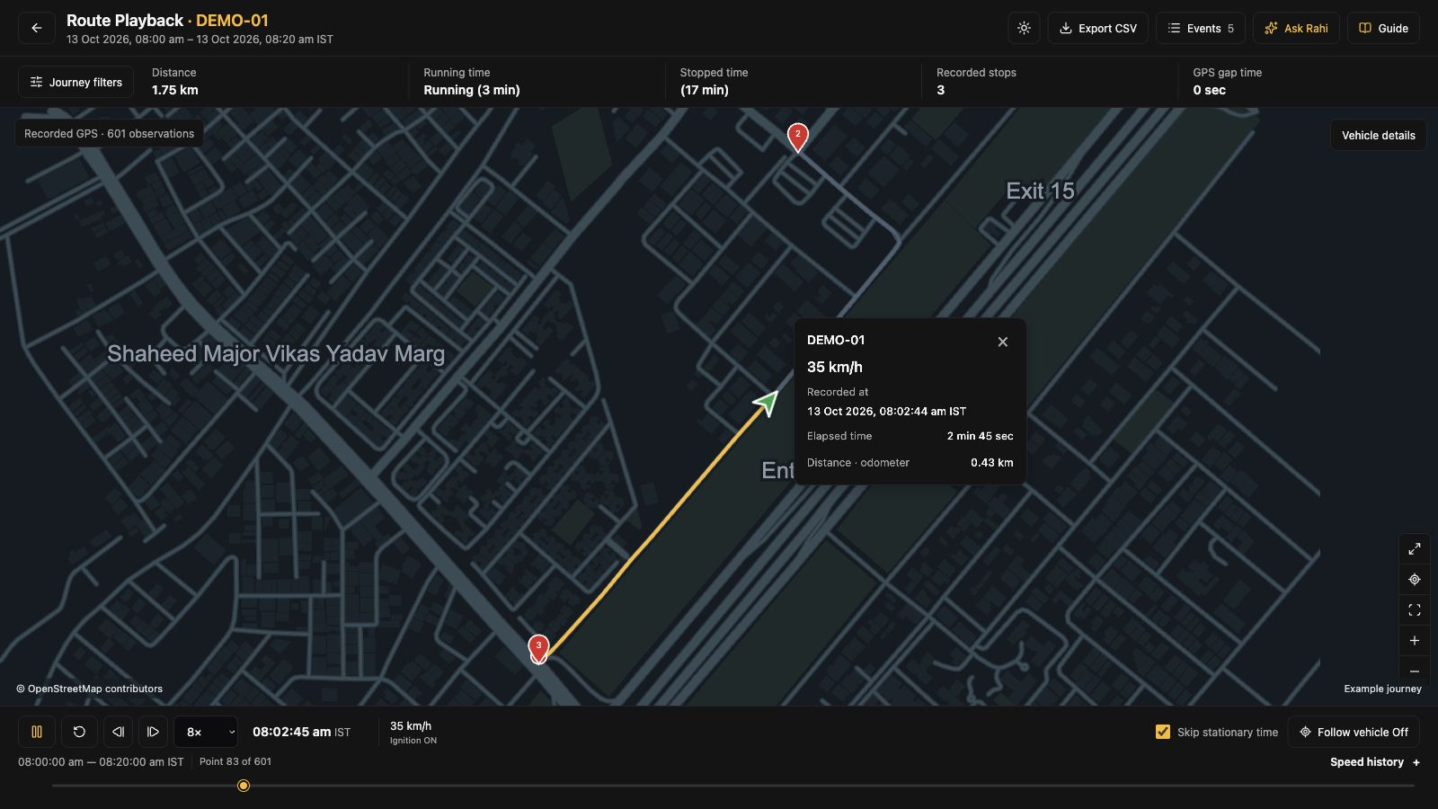 SafarTrak recorded-journey playback showing a moving vehicle, travelled route, timestamp and speed