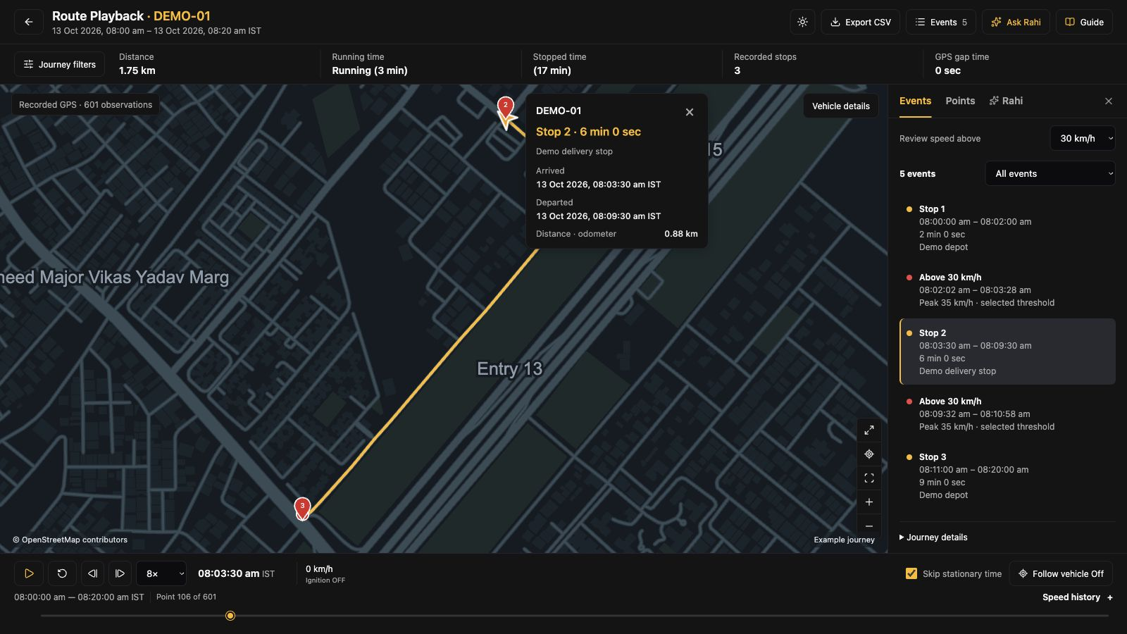 A selected recorded stop with arrival, departure and duration beside the route map